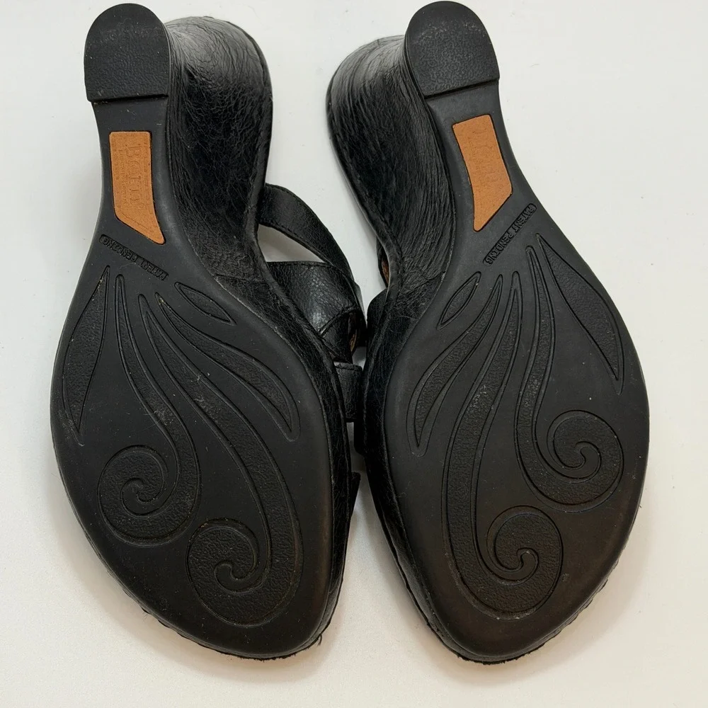 Born Black Leather Strappy Ascot Wedge Sandals Womens 8 M/W W3309 K6 Slide Mules
